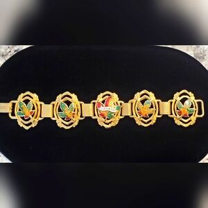 Vintage Guilloche Enamel Maple Leaf Canada Bracelet